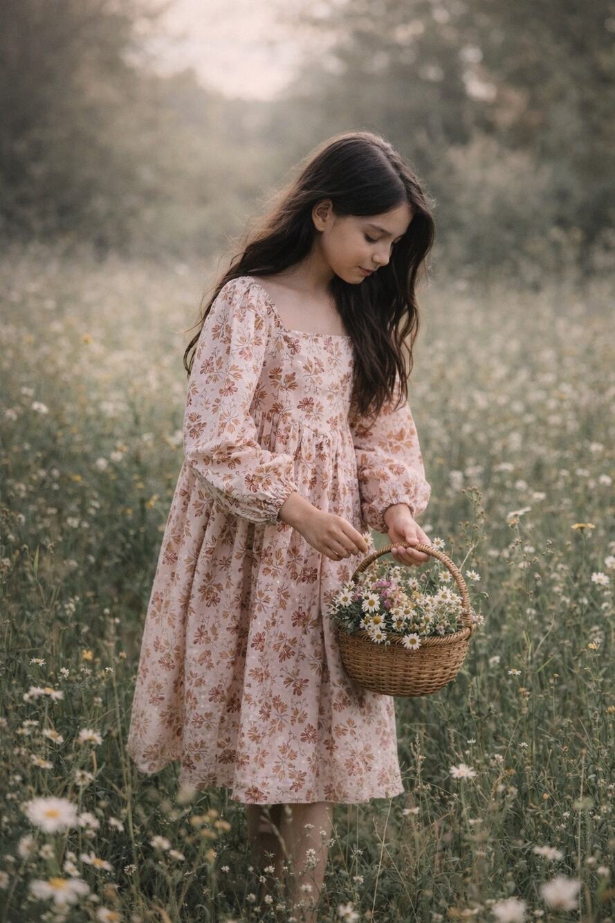 Rylee + Cru Blush Fields & Golden Meadowlight storybook heirloom floral dress